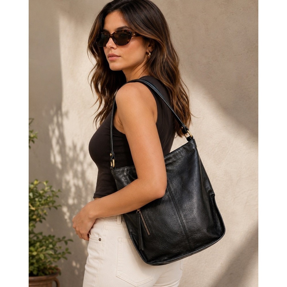 HOBO Genuine Leather Black Hobo Shoulder Bag Slouchy Boho‎ Large Zip Pocket